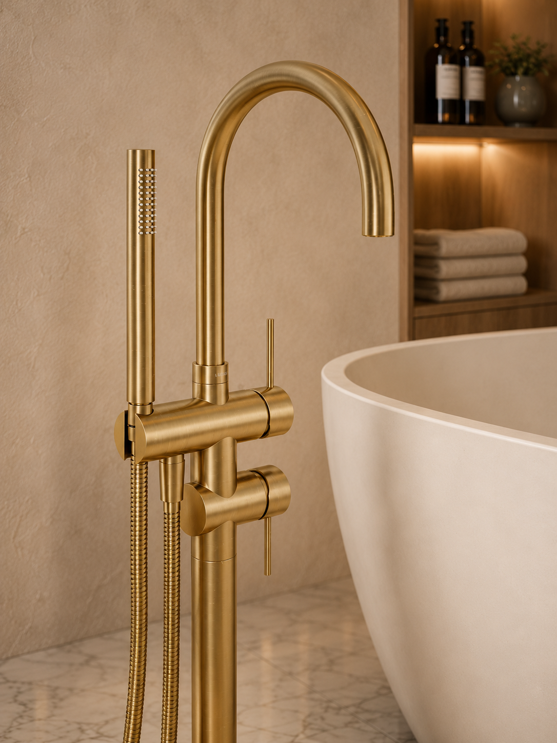 MERIDIAN™ BRUSHED GOLD FLOOR STANDING BATH SHOWER MIXER TAP